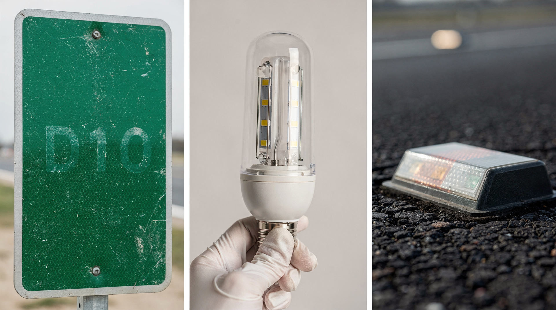Three Corridor form factors: mile marker reflector plate, street lamp bulb, road stud