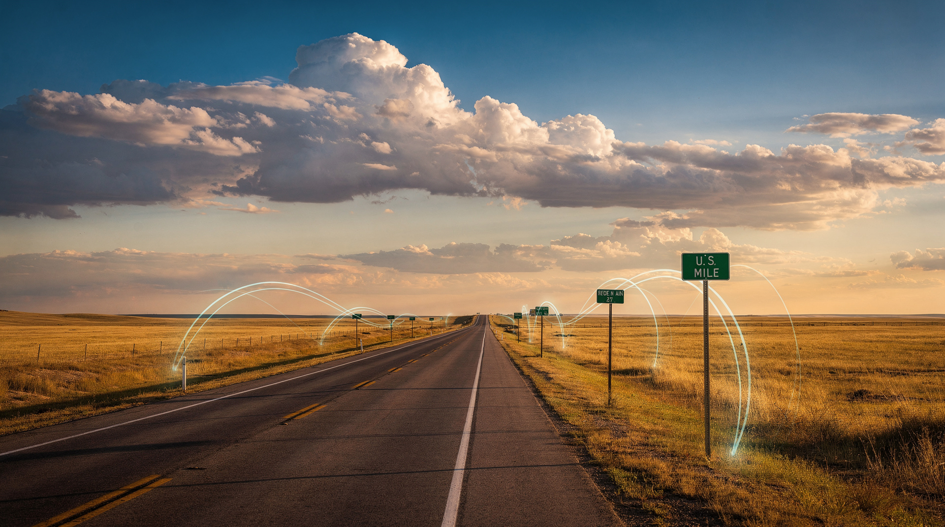 An open American road reaching the horizon, with connectivity along every mile